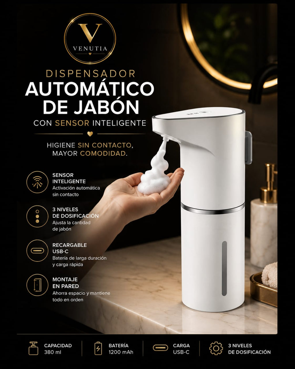 Dispensador Automático De Jabón Sensor Recargable USB-C