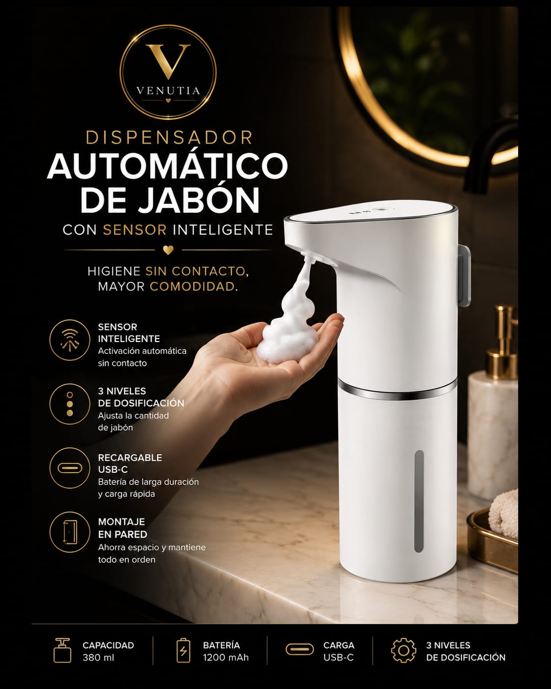 Dispensador Automático De Jabón Sensor Recargable USB-C