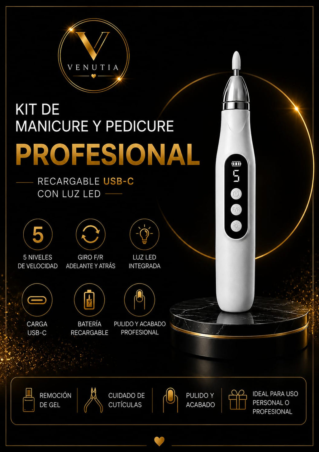 Kit de Manicure y Pedicure Profesional Recargable USB-C con Luz LED