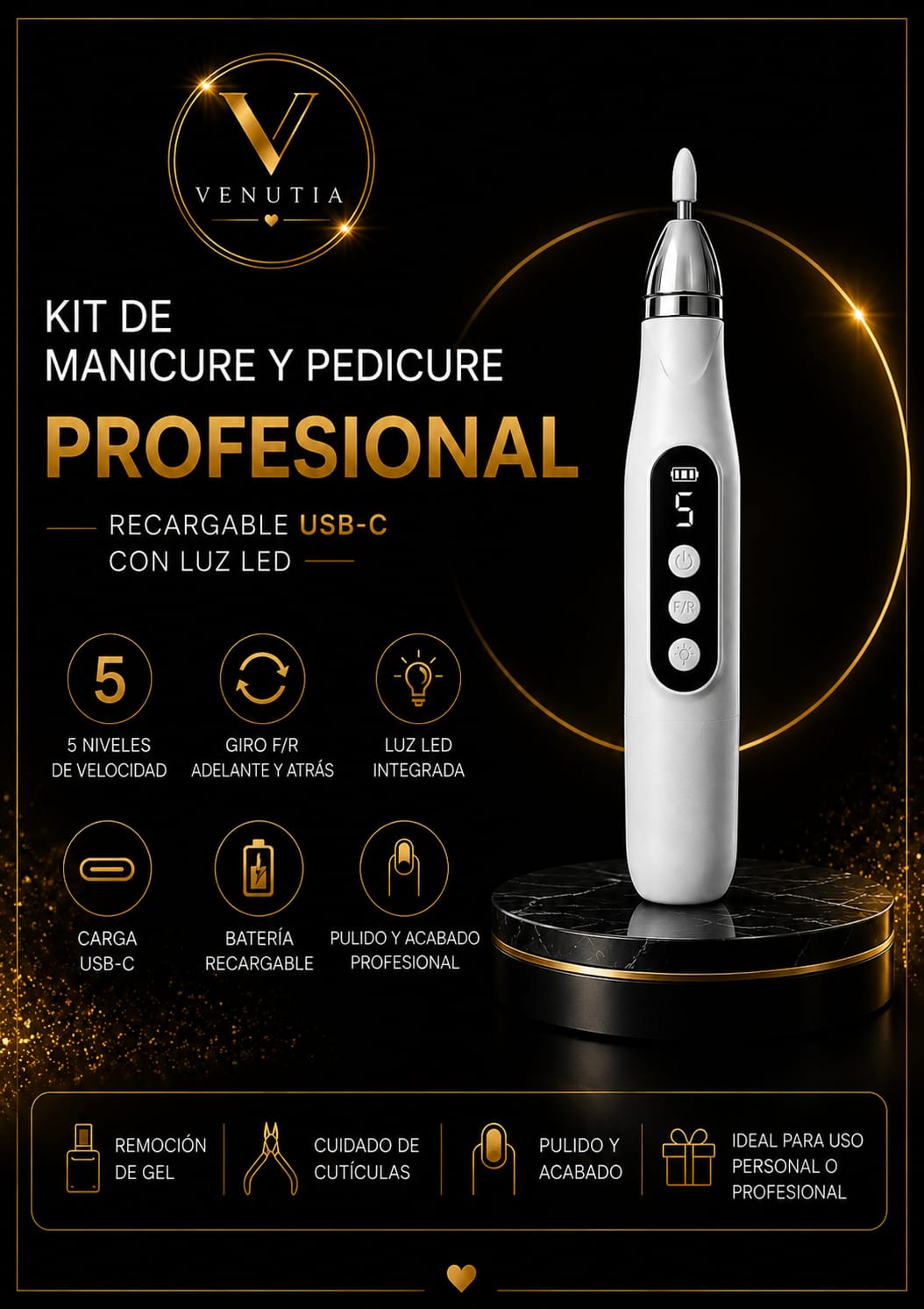 Kit de Manicure y Pedicure Profesional Recargable USB-C con Luz LED