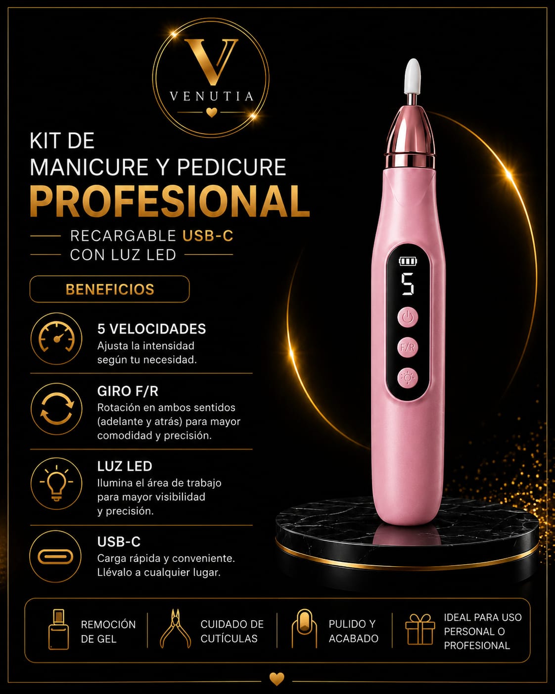 Kit de Manicure y Pedicure Profesional Recargable USB-C con Luz LED