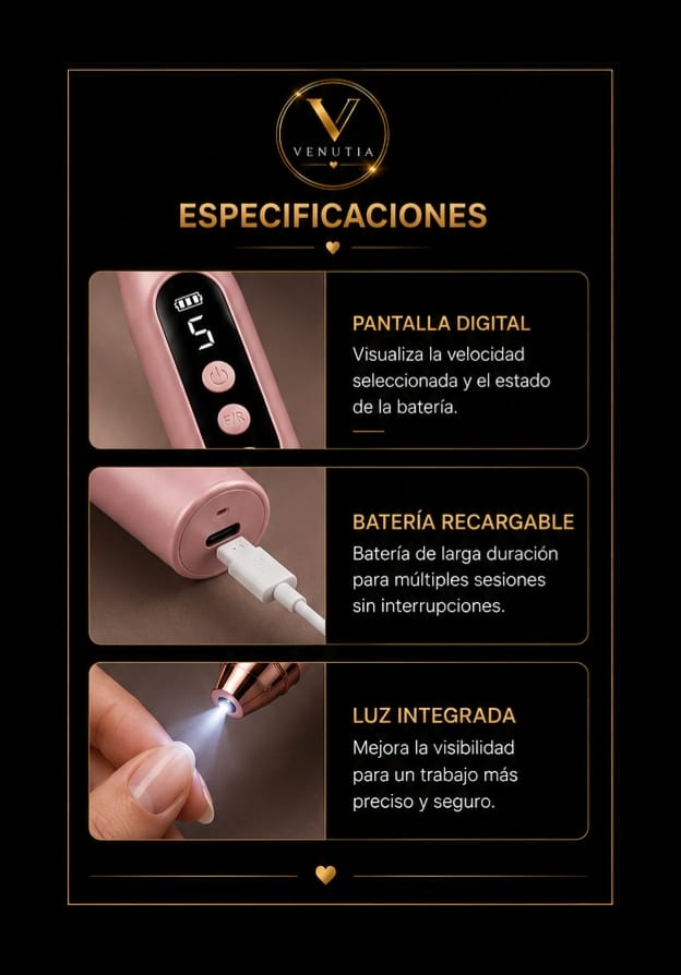 Kit de Manicure y Pedicure Profesional Recargable USB-C con Luz LED