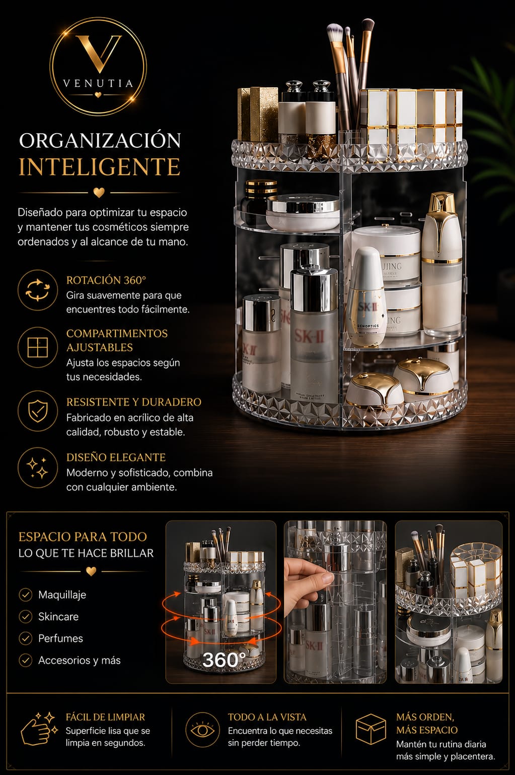 ORGANIZADOR DE MAQUILLAJE GIRATORIO 360º