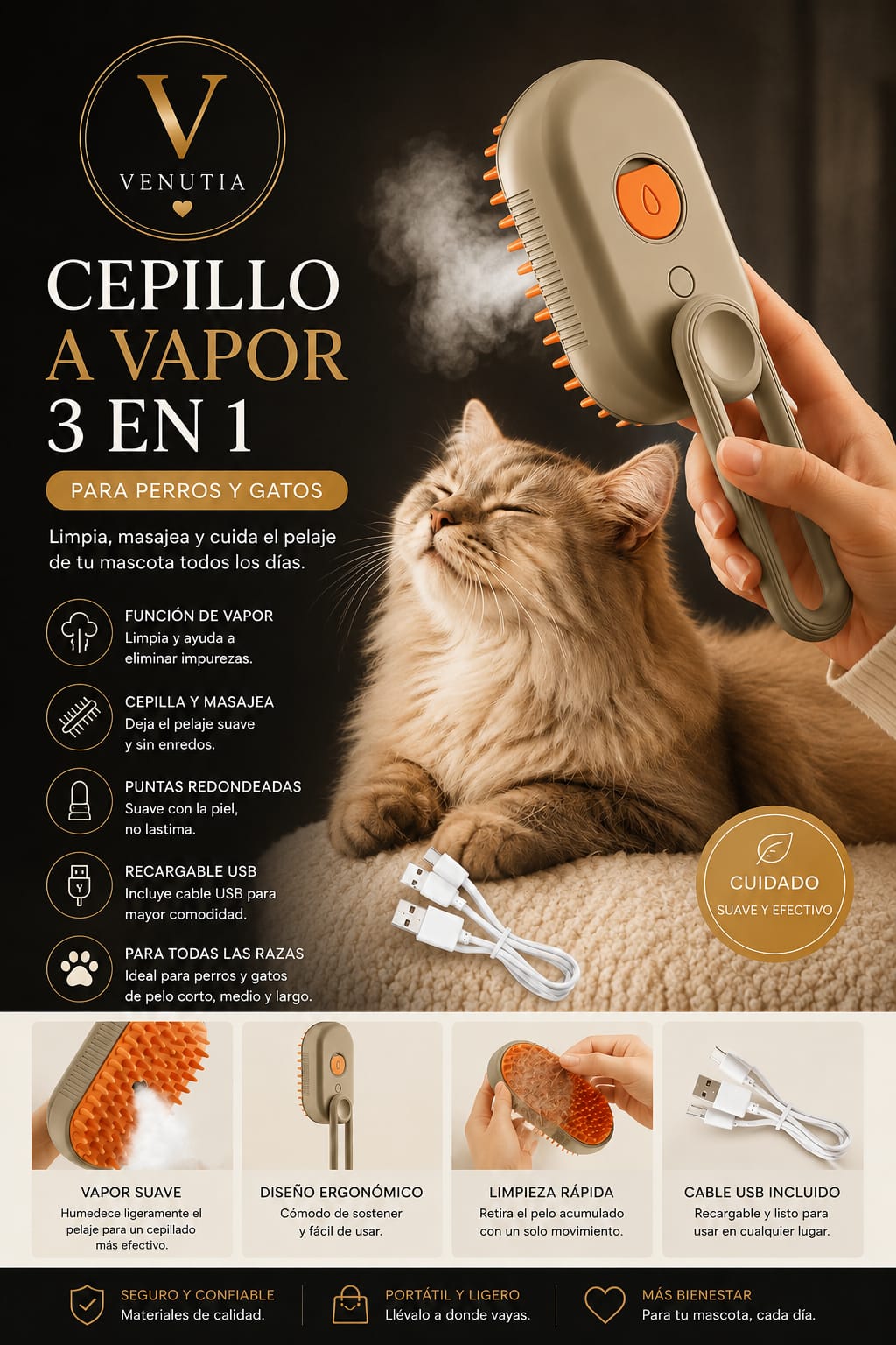 Cepillo a Vapor 3 en 1 para Perros y Gatos